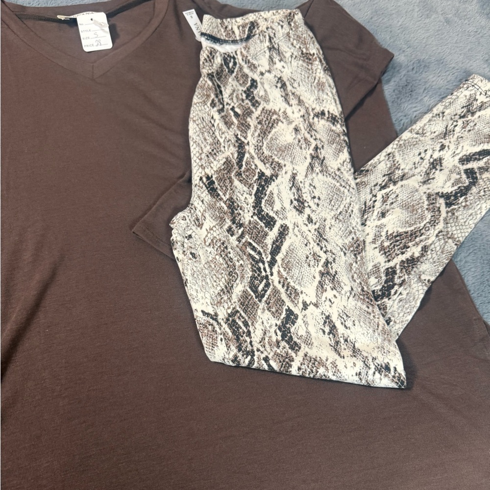 Brown V-Neck Top and Snake Print Leggings